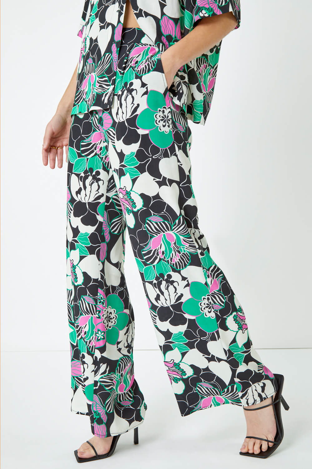 Black Floral Wide Leg Trousers, Image 4 of 5