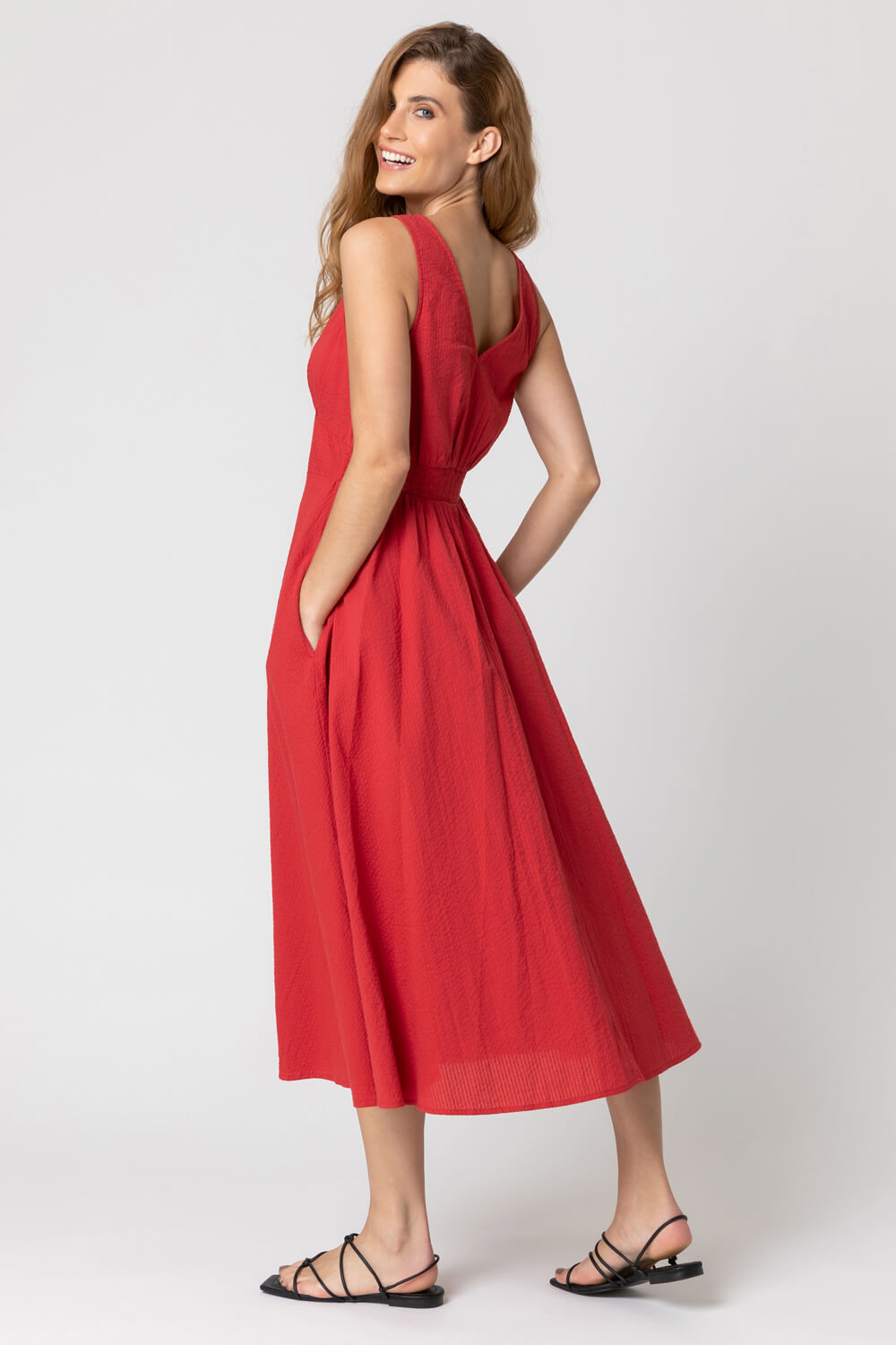 Red Button Detail Cotton Midi Dress, Image 2 of 5