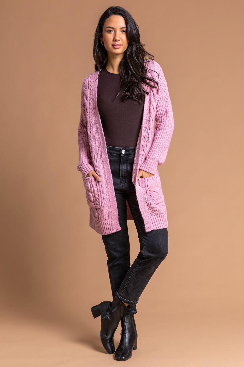 PINK Cable Knit Longline Cardigan, Image 3 of 4