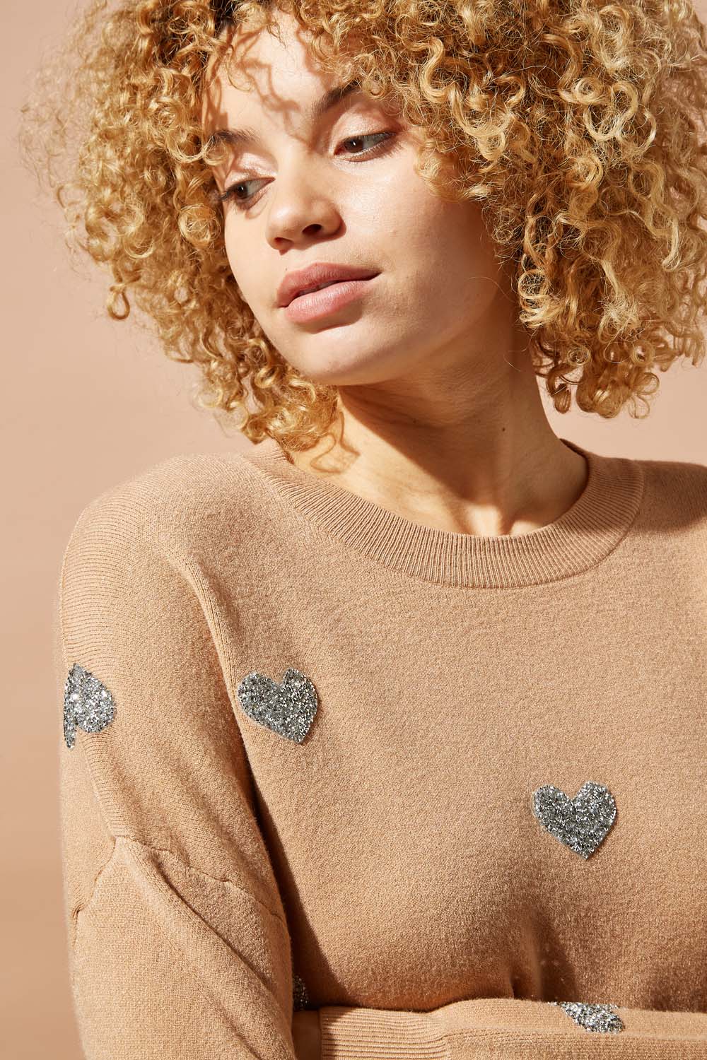 Camel  Heart Embellished Knitted Jumper, Image 4 of 4
