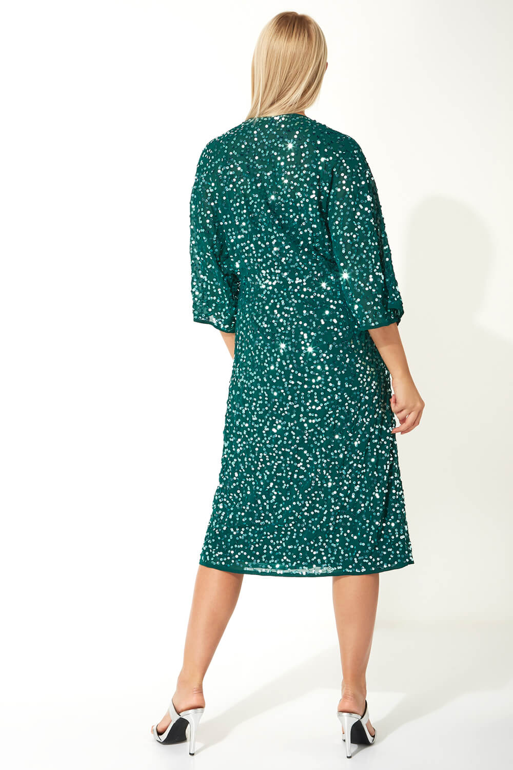 Green Twist Front Sequin Midi Dress, Image 2 of 4