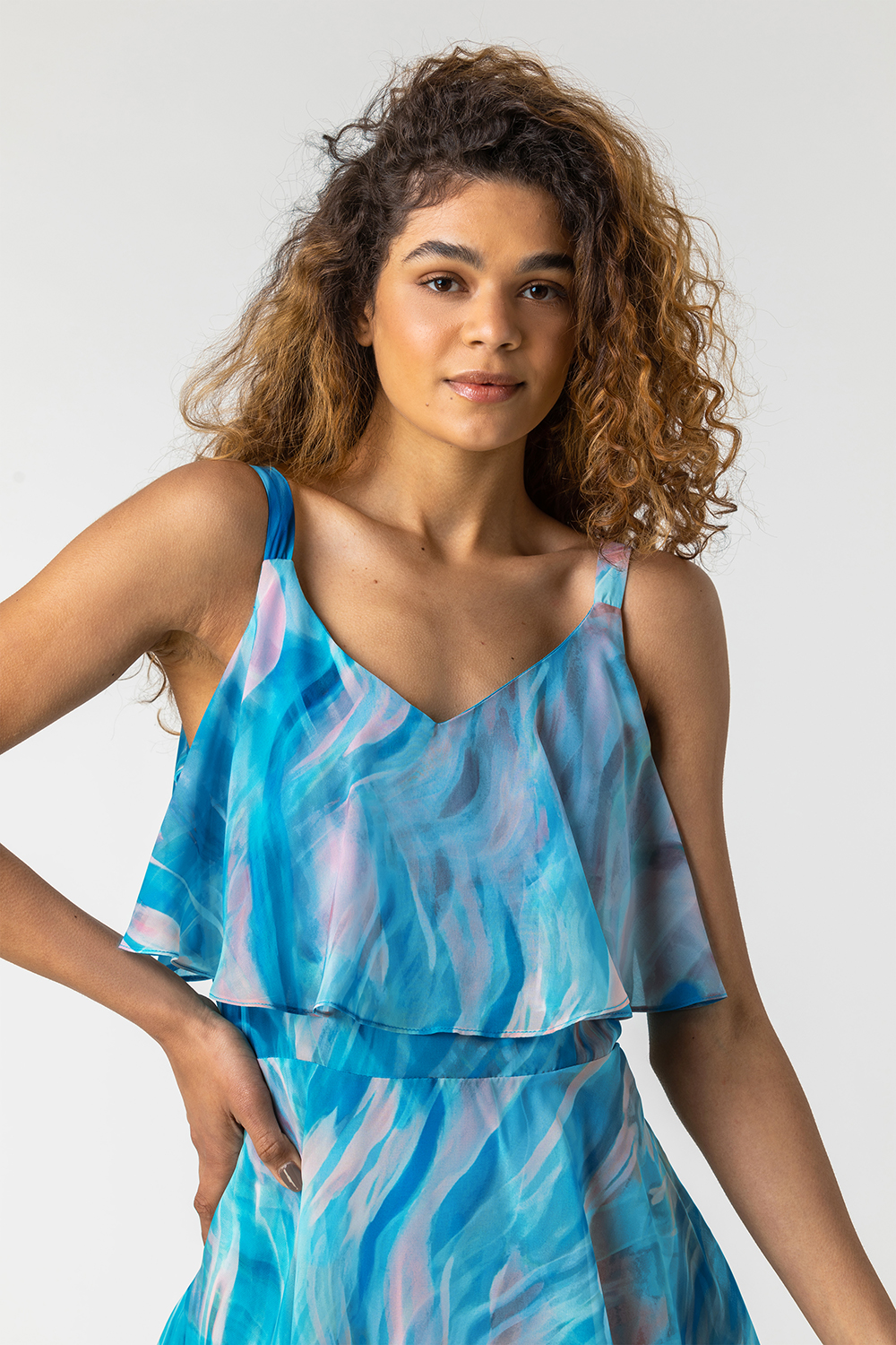 Aqua Abstract Print Tiered Maxi Dress, Image 4 of 5