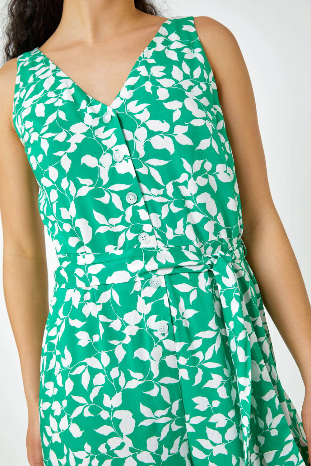Green Sleeveless Leaf Print Button Jumpsuit, Image 5 of 5