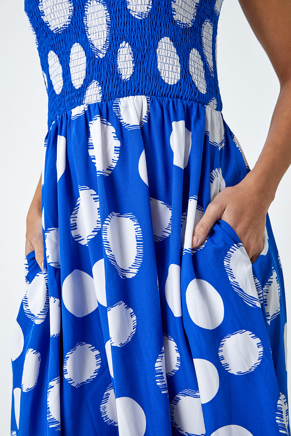 Royal Blue Polka Dot Shirred Stretch Midi Dress, Image 5 of 5