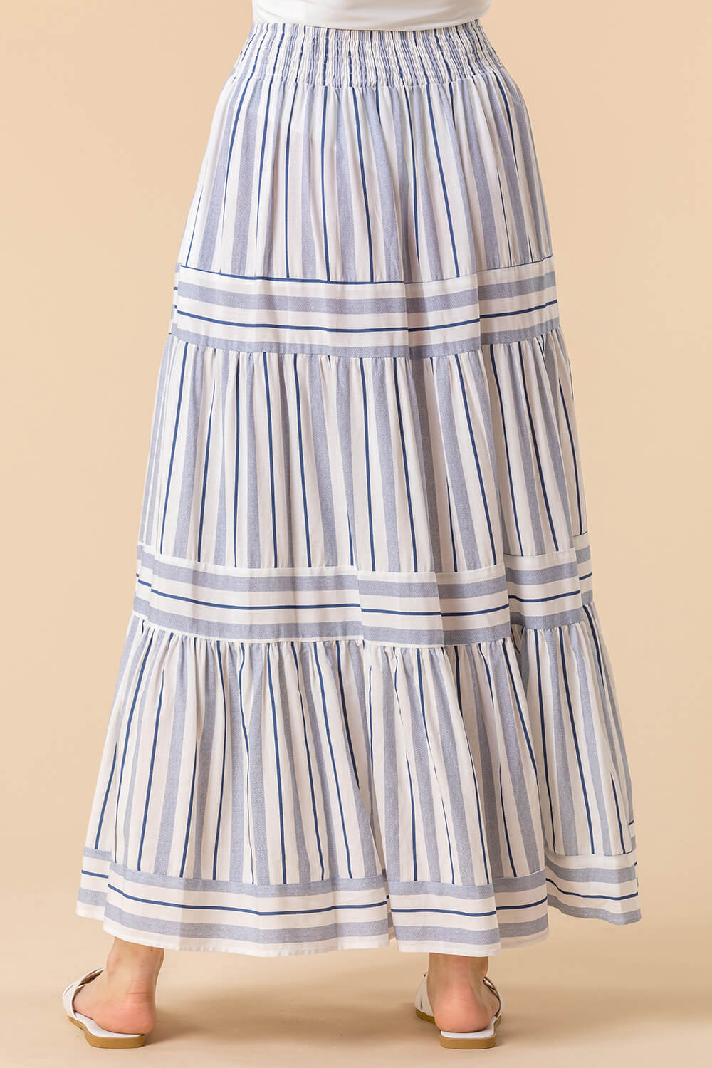 Navy  Tiered Stripe Print Maxi Skirt, Image 2 of 4