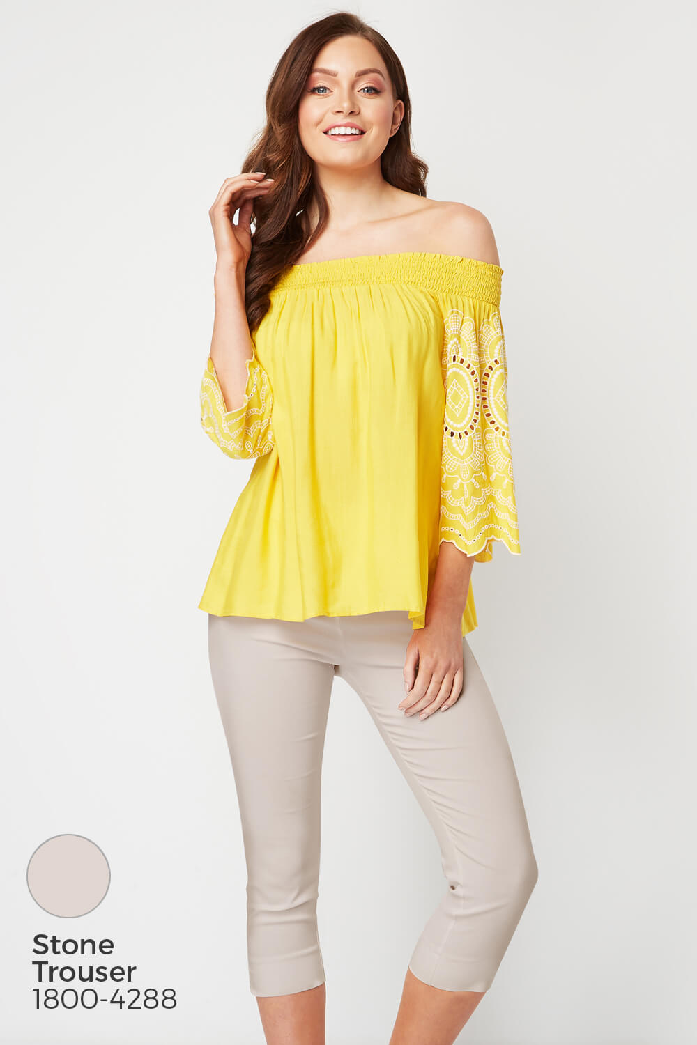Yellow Embroidered Sleeve Bardot Top , Image 8 of 8
