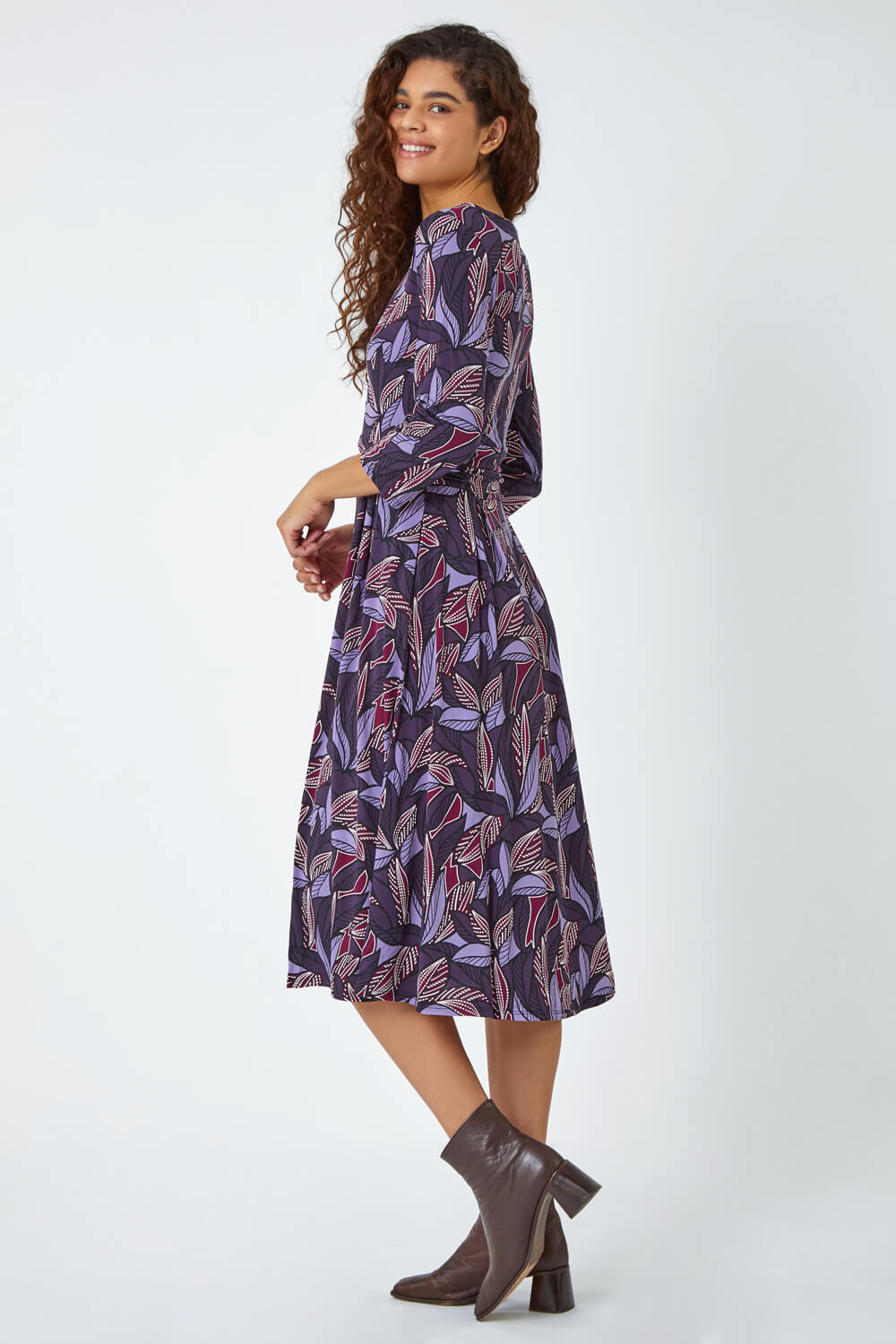 Purple Leaf Print Gathered Stretch Dress, Image 3 of 5