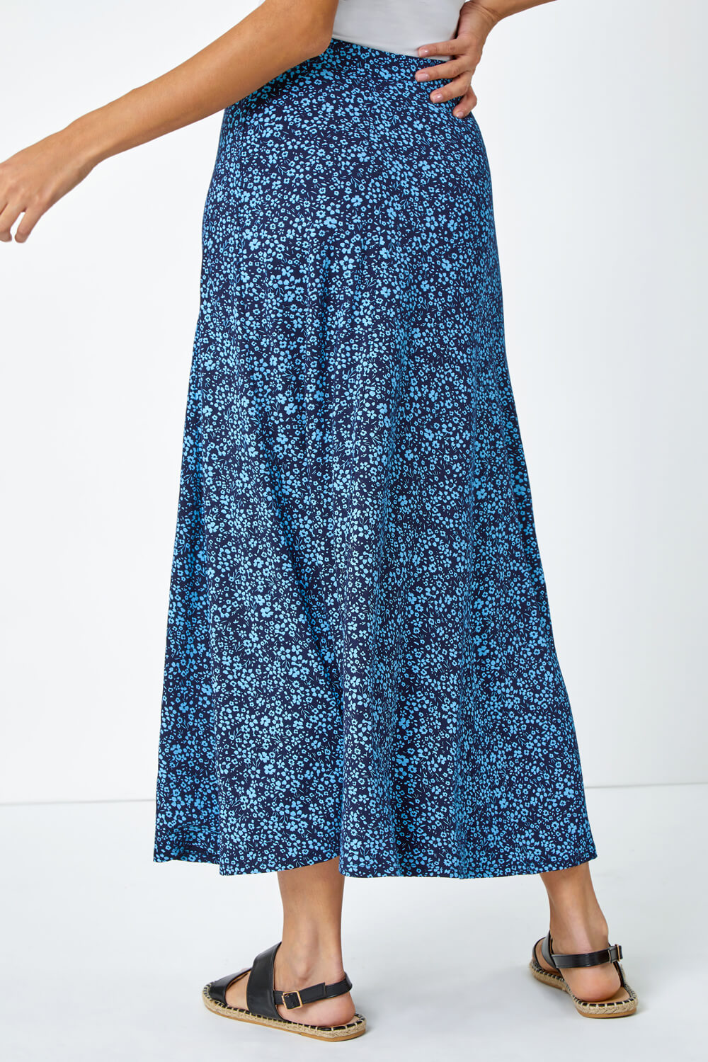 Blue Ditsy Floral Stretch Midi Skirt, Image 3 of 5