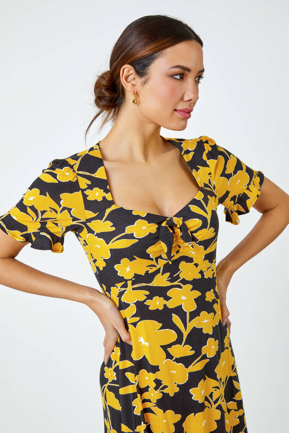 Yellow Floral Frill Hem Stretch Dress, Image 4 of 5