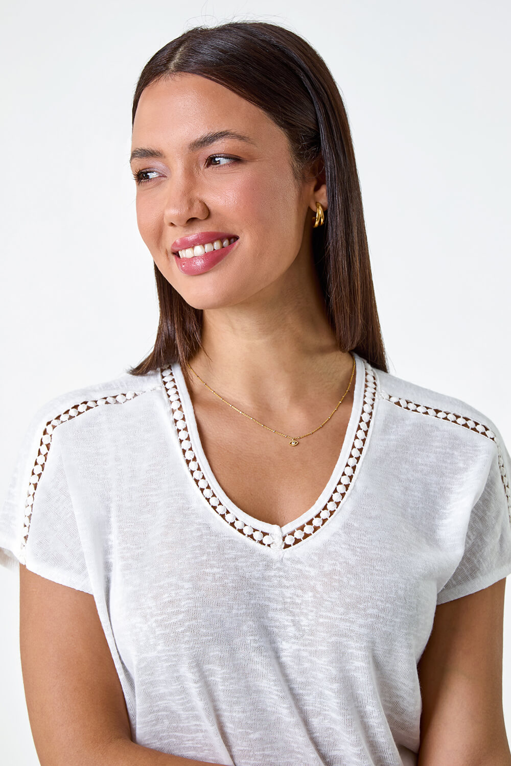 Ivory  Lace Trim Stretch Jersey T-Shirt, Image 4 of 5