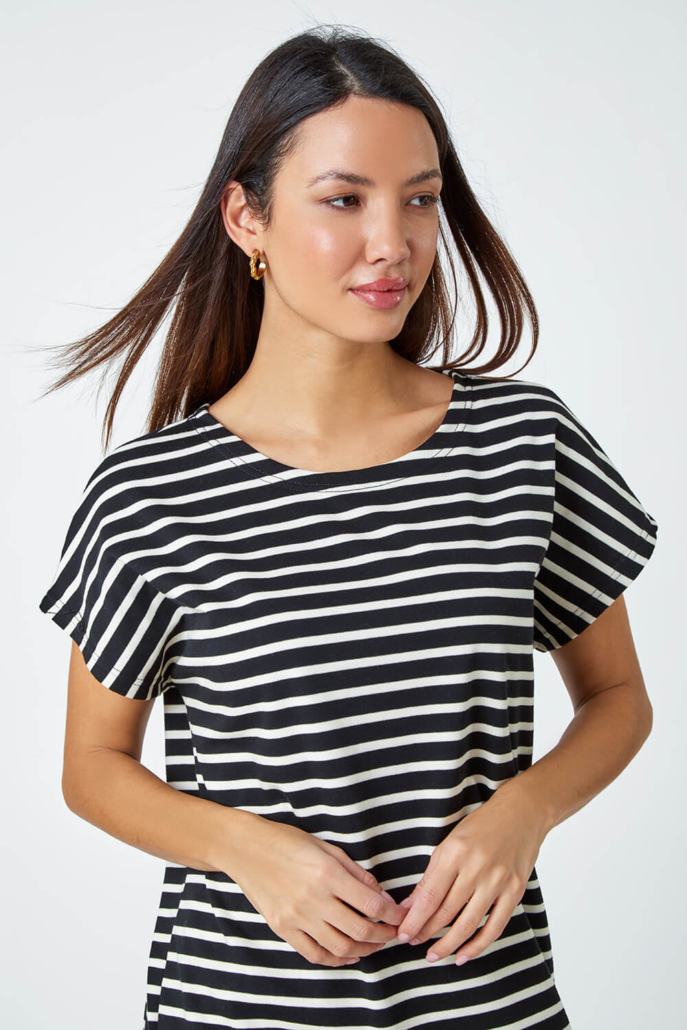 Black Cotton Blend Stripe Print T-Shirt | Roman UK