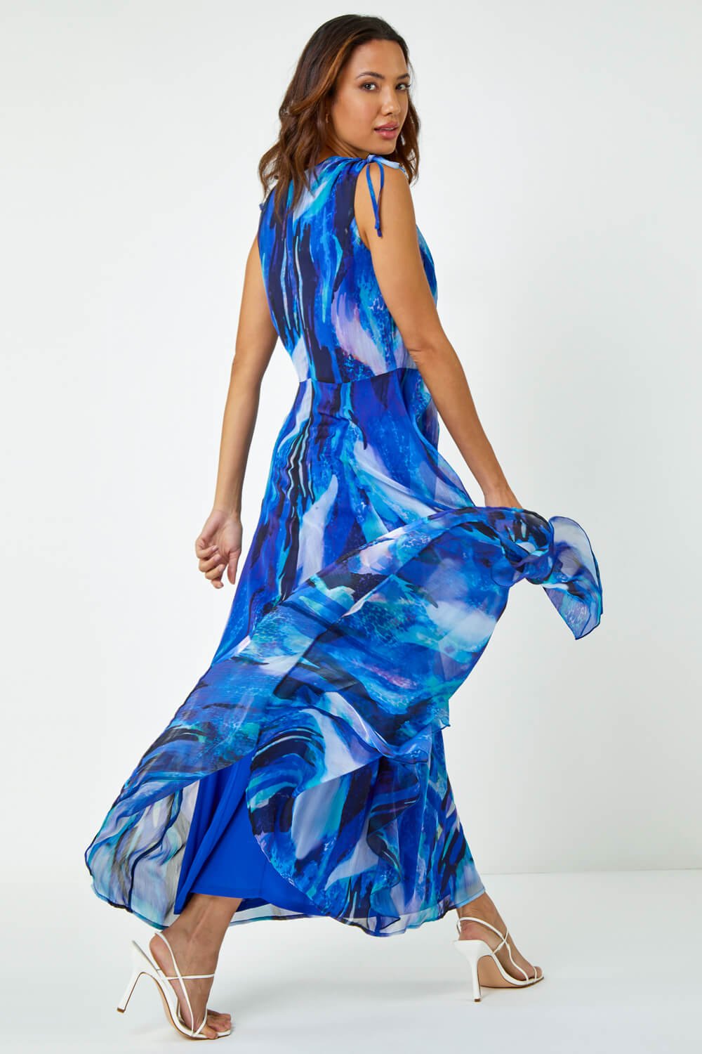 Blue Sleeveless Abstract Print Maxi Dress , Image 3 of 5