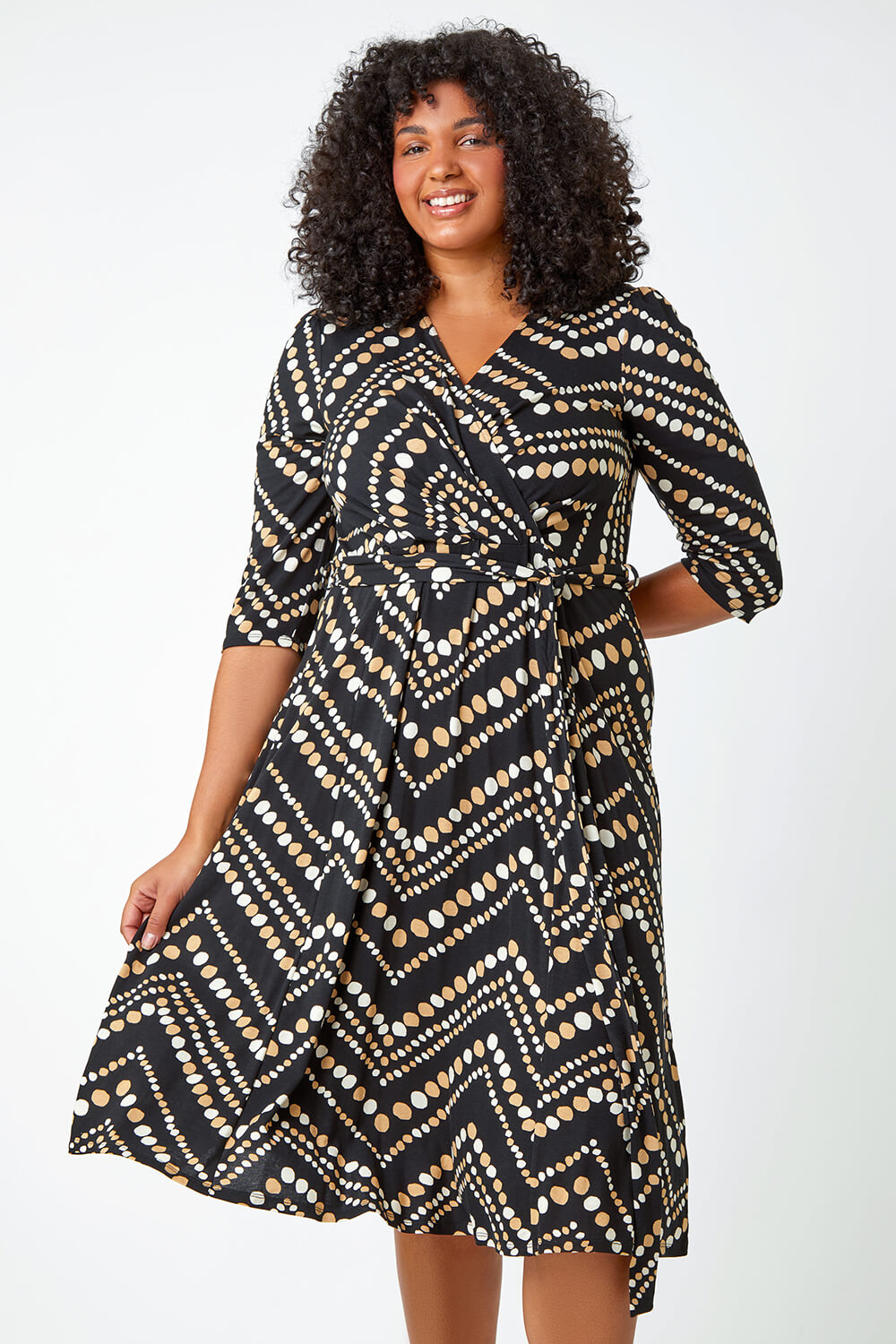 Stone Curve Zig Zag Wrap Midi Stretch Dress | Roman UK