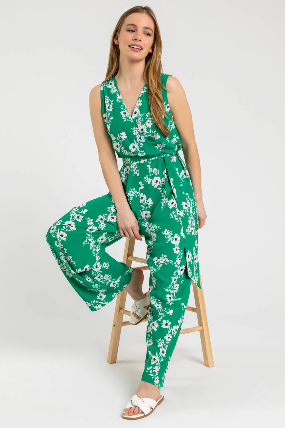 Petite Floral Belted Wrap Jumpsuit in Green | Roman UK