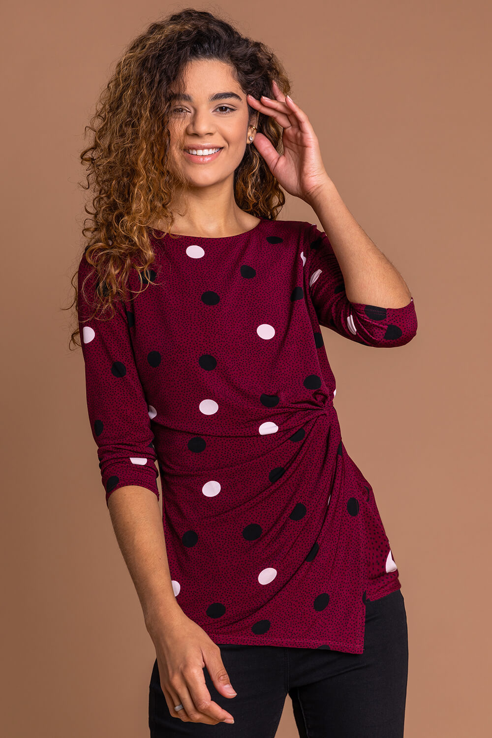 Polka Dot Ruched 3/4 Sleeve Jersey Top