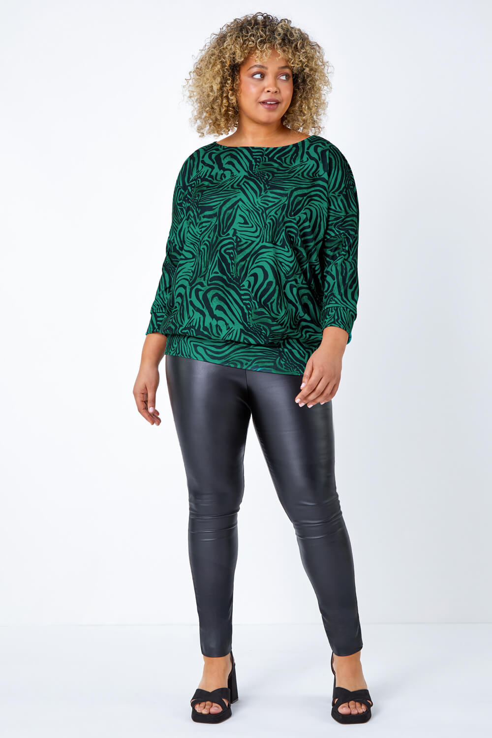 Green Curve Animal Print Blouson Stretch Top, Image 2 of 5