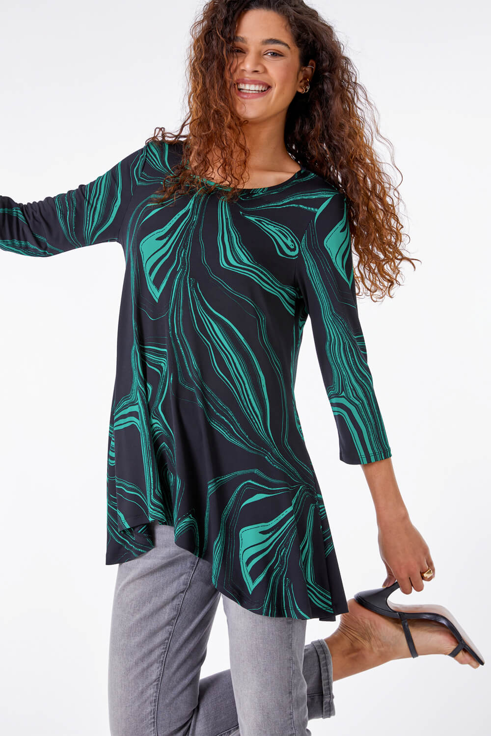 Green Abstract Print Swing Stretch Top, Image 3 of 5