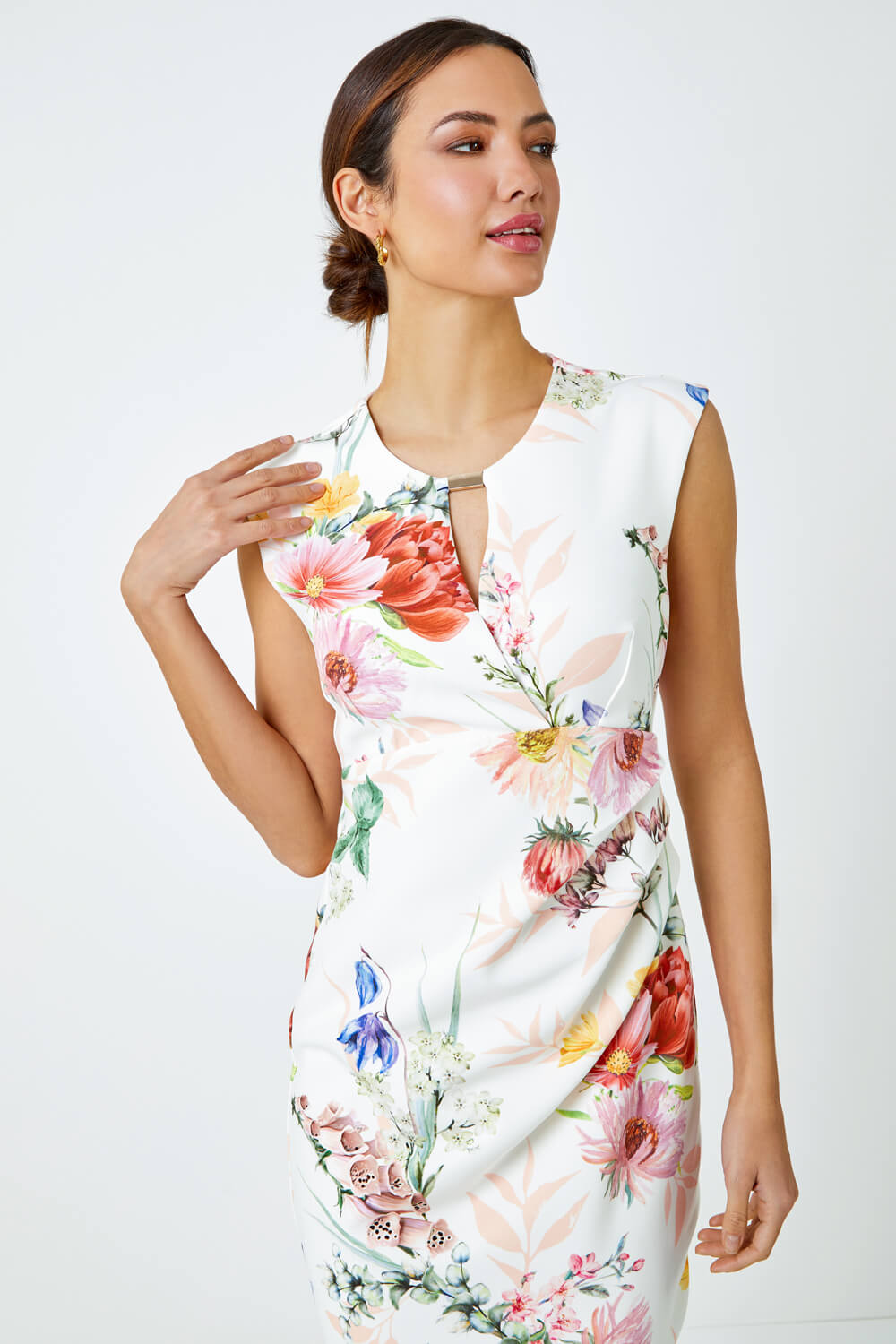 Ivory  Floral Print Ruched Midi Dress, Image 4 of 5
