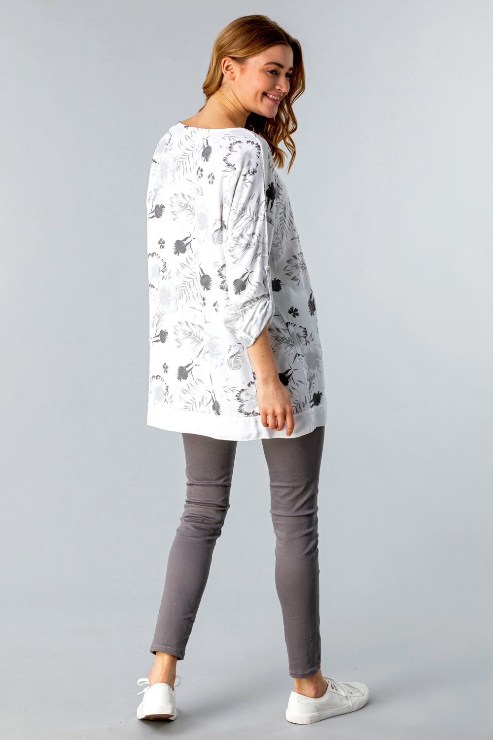 White Floral Print Longline Tunic Top, Image 2 of 4
