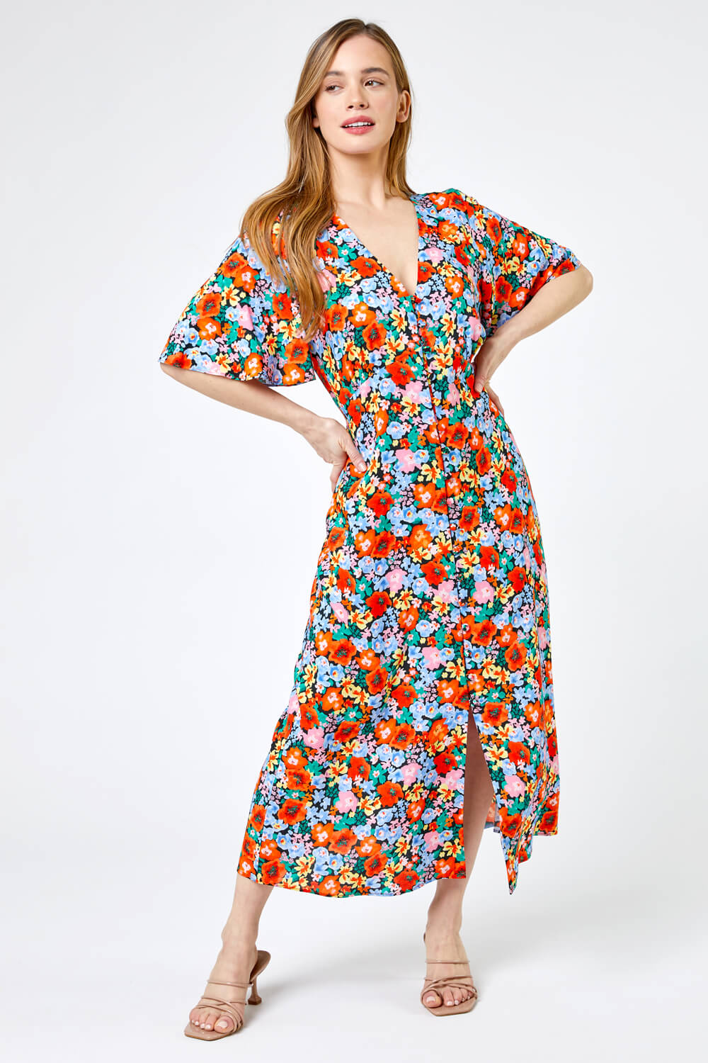 Topshop Petite Bold Floral High Neck Dipped Cowl Back Dress