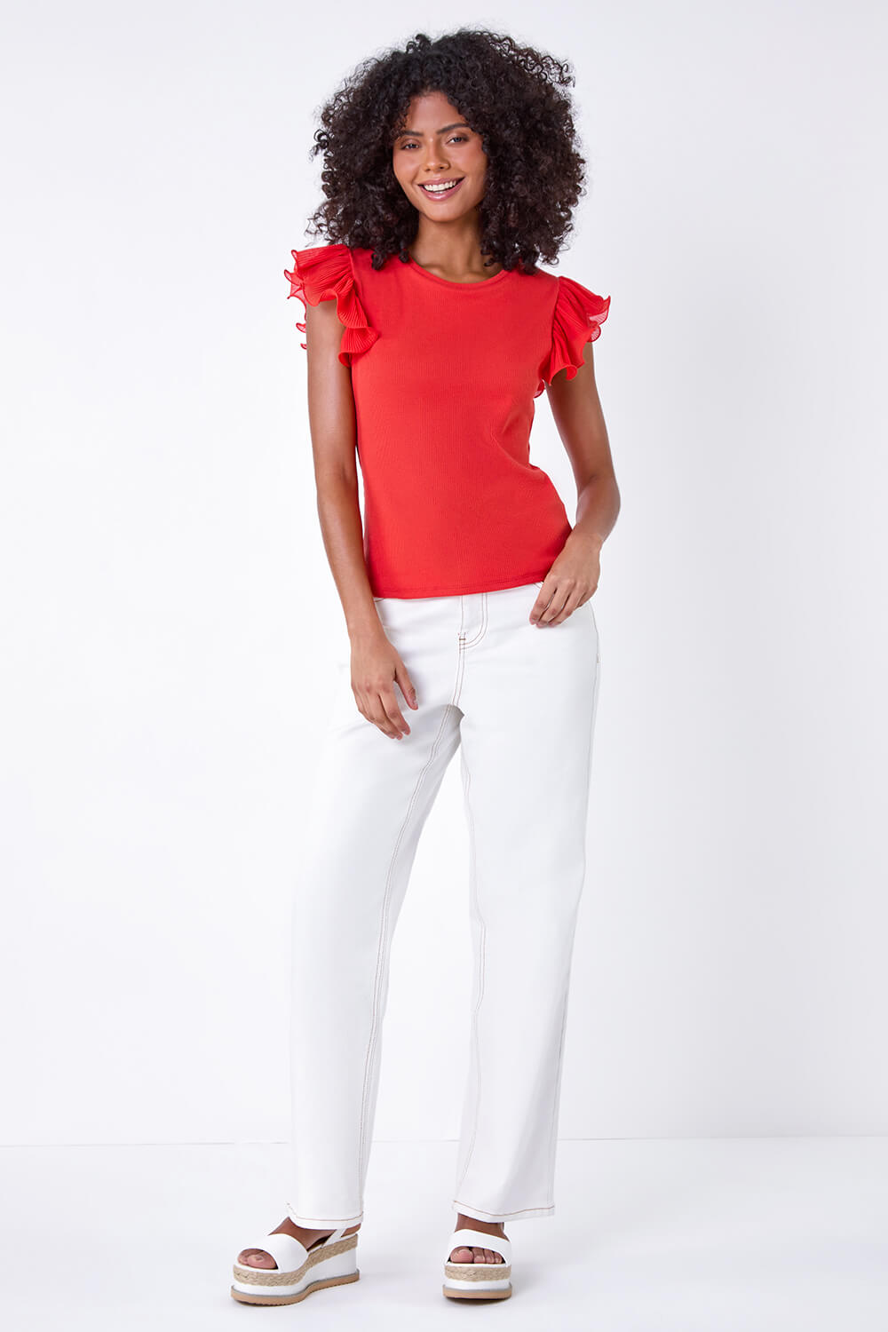 Red Ribbed Stretch Frill Detail Top, Image 2 of 5