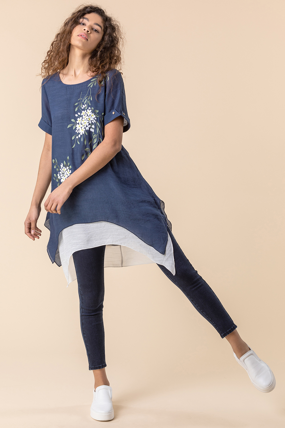 Navy  Floral Print Asymmetric Tunic Top, Image 3 of 4