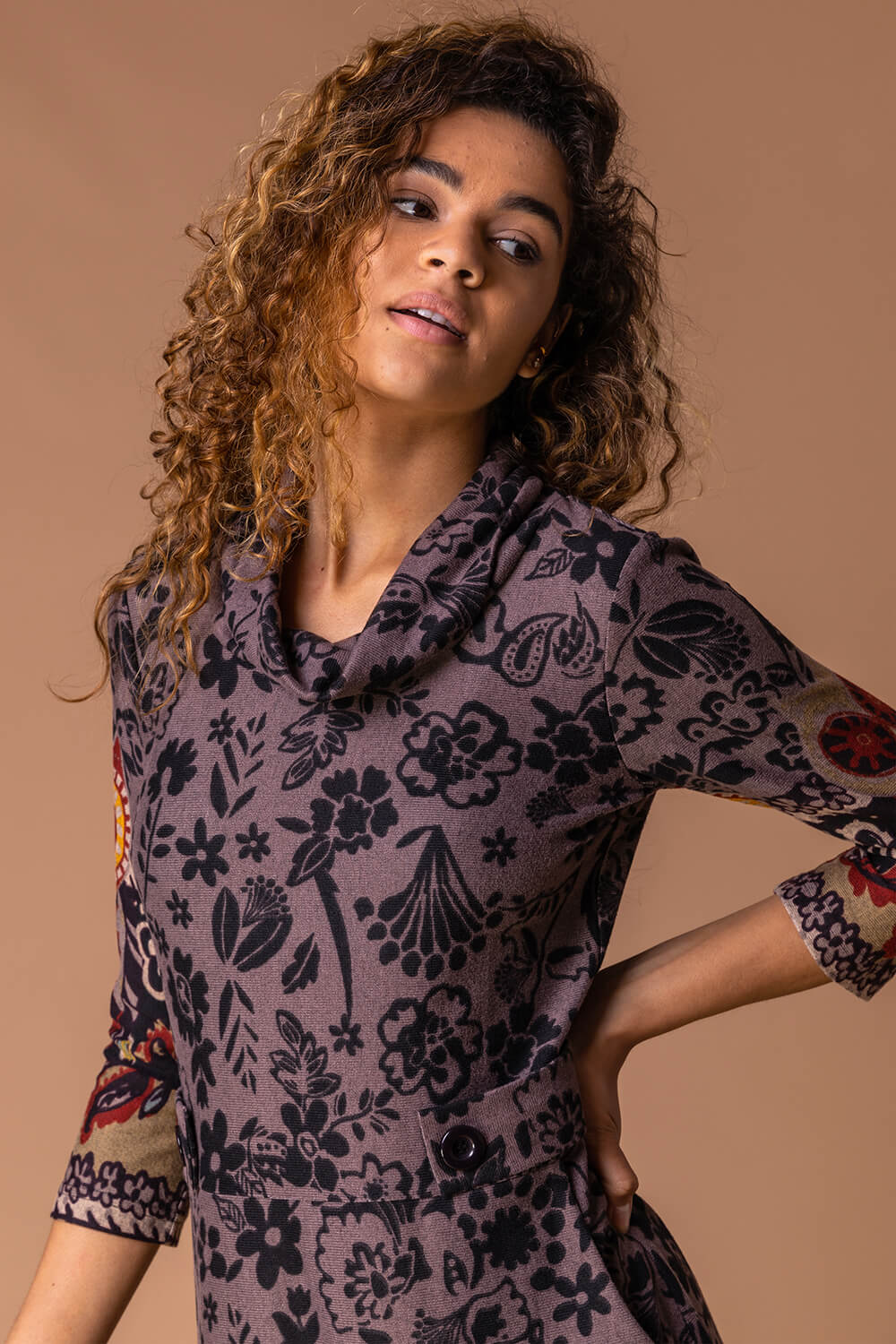 Taupe Owl Print Cowl Neck Dress, Image 2 of 4