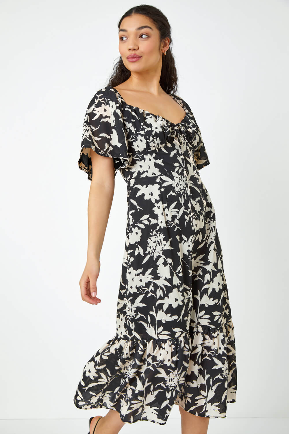 Black Floral Print Frill Hem Midi Dress Roman Uk