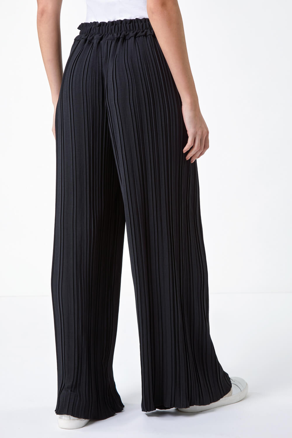 Black Pleated Tie Waist Stretch Trousers, Image 3 of 5