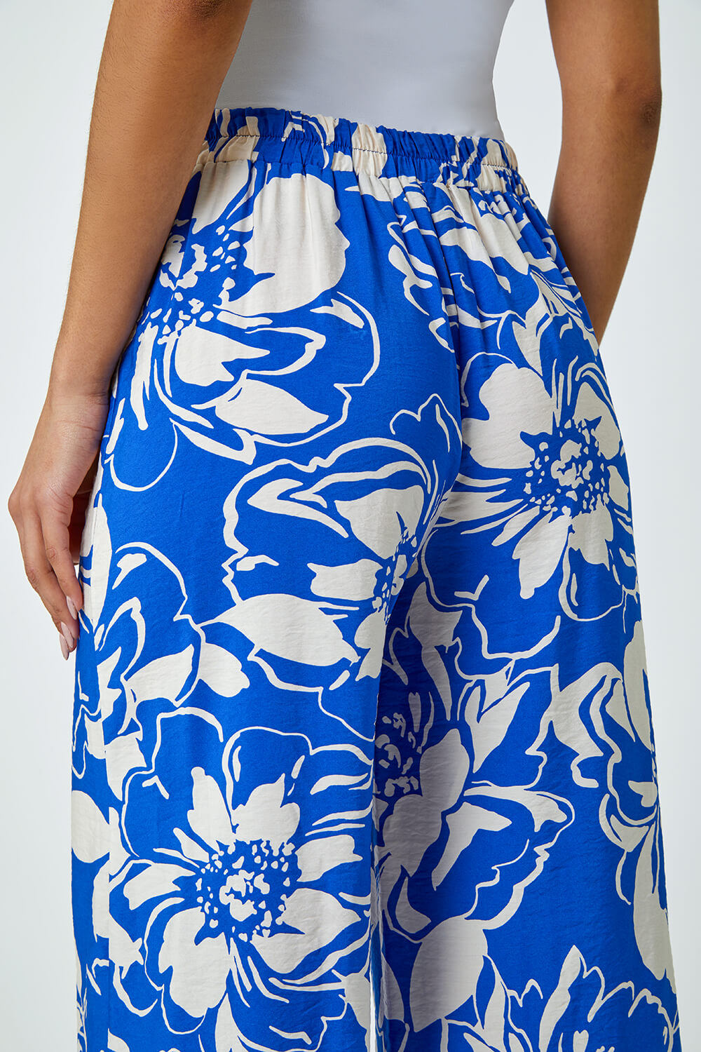 Blue Floral Print Wide Leg Trousers, Image 5 of 5