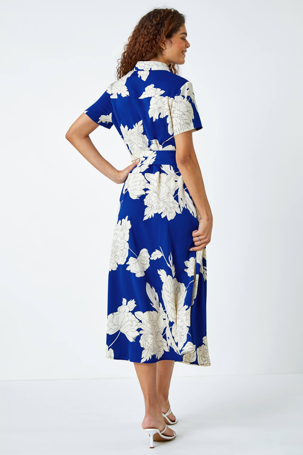 Royal Blue Contrast Floral Print Shirt Dress, Image 3 of 5