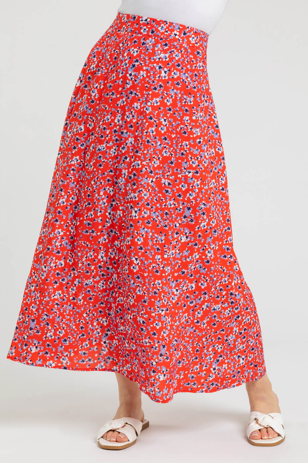 Red Petite Ditsy Floral A-Line Skirt, Image 2 of 4