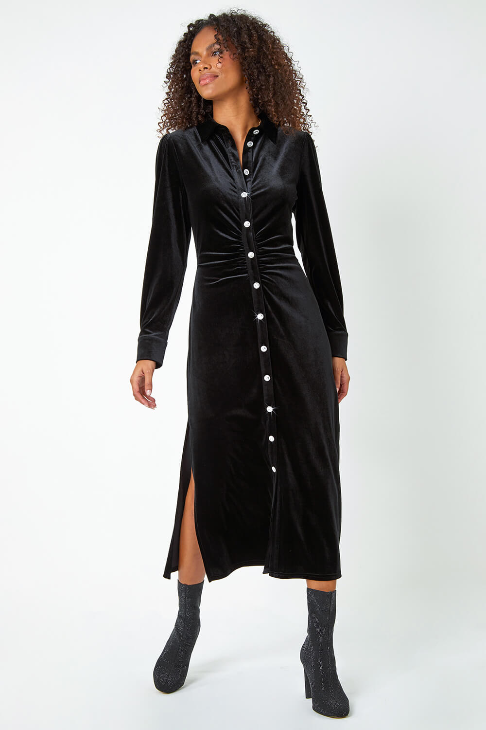 Black Ruched Velvet Midi Stretch Dress, Image 5 of 6