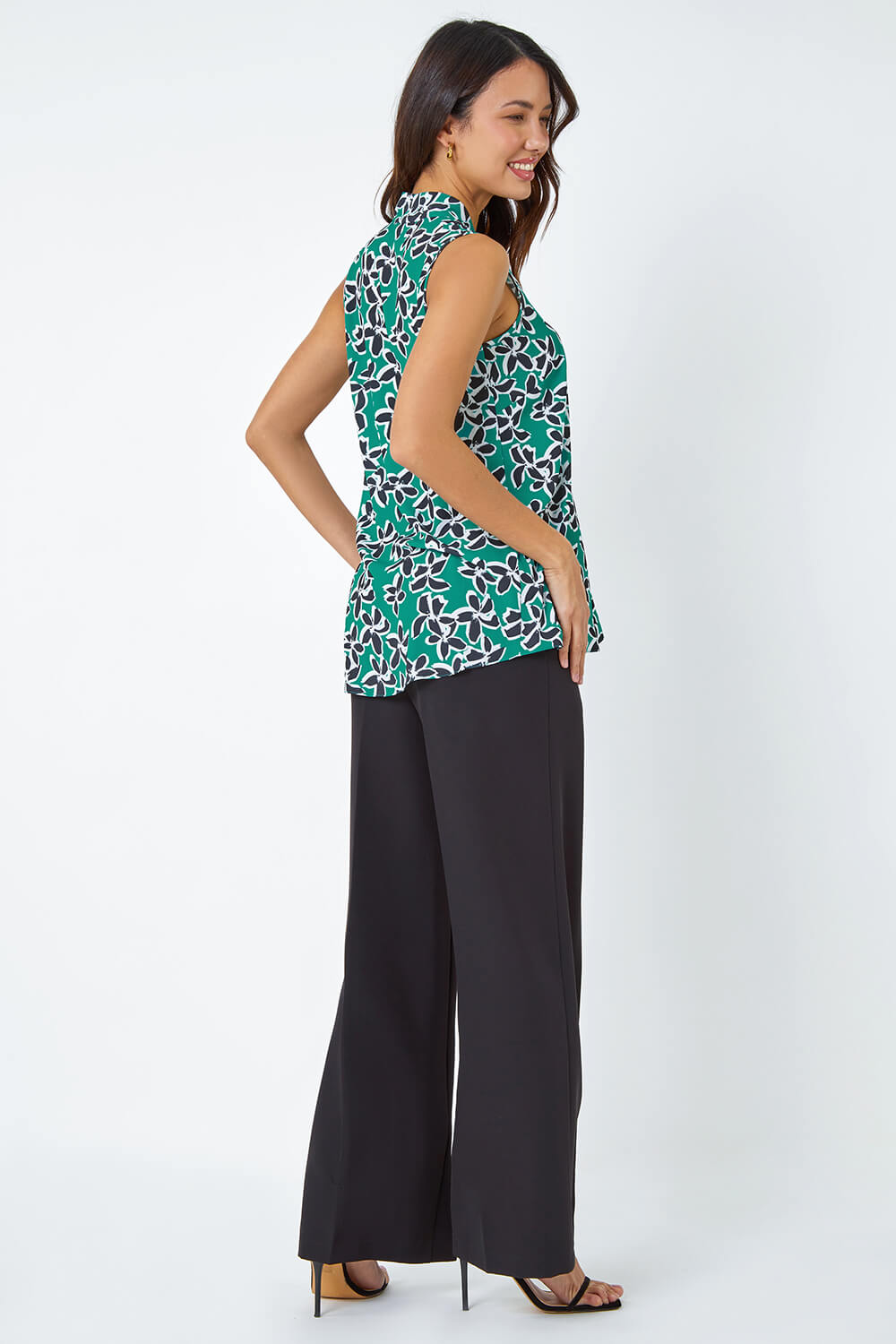Green Sleeveless Floral Print Stretch Top, Image 3 of 5