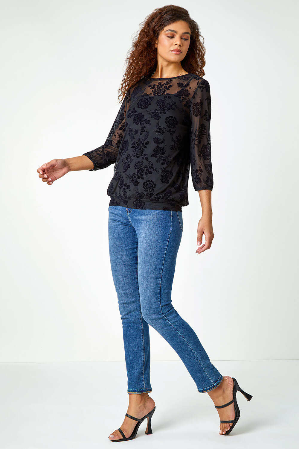 Black Textured Floral Print Mesh Stretch Top, Image 2 of 5