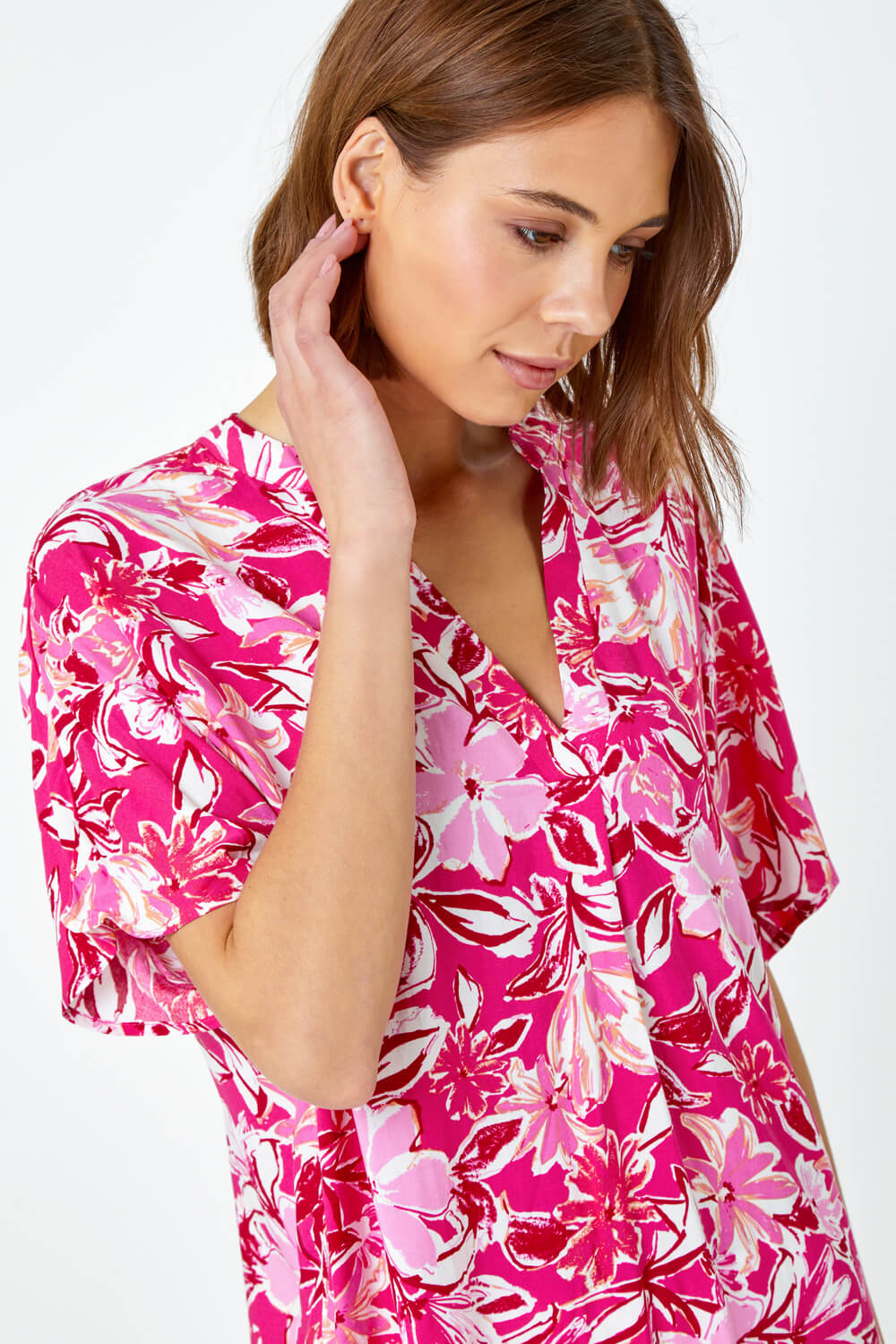 Pink Floral Print Pleat Front Overshirt | Roman UK