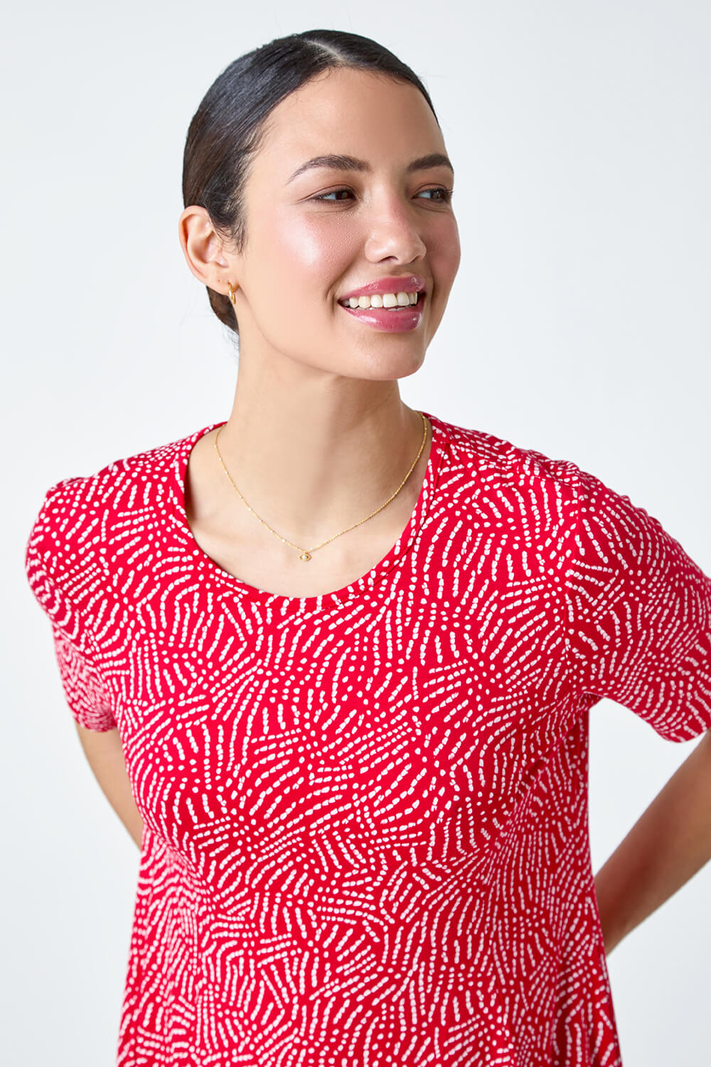 Red Abstract Print Pocket Tunic Top, Image 4 of 5