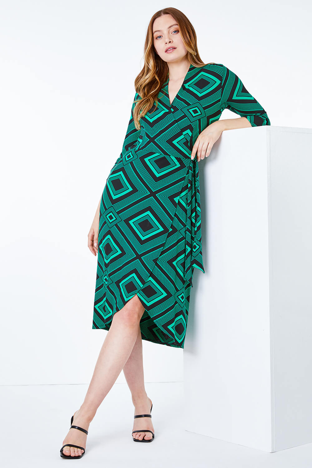 Green Geometric Wrap Midi Stretch Dress, Image 4 of 5
