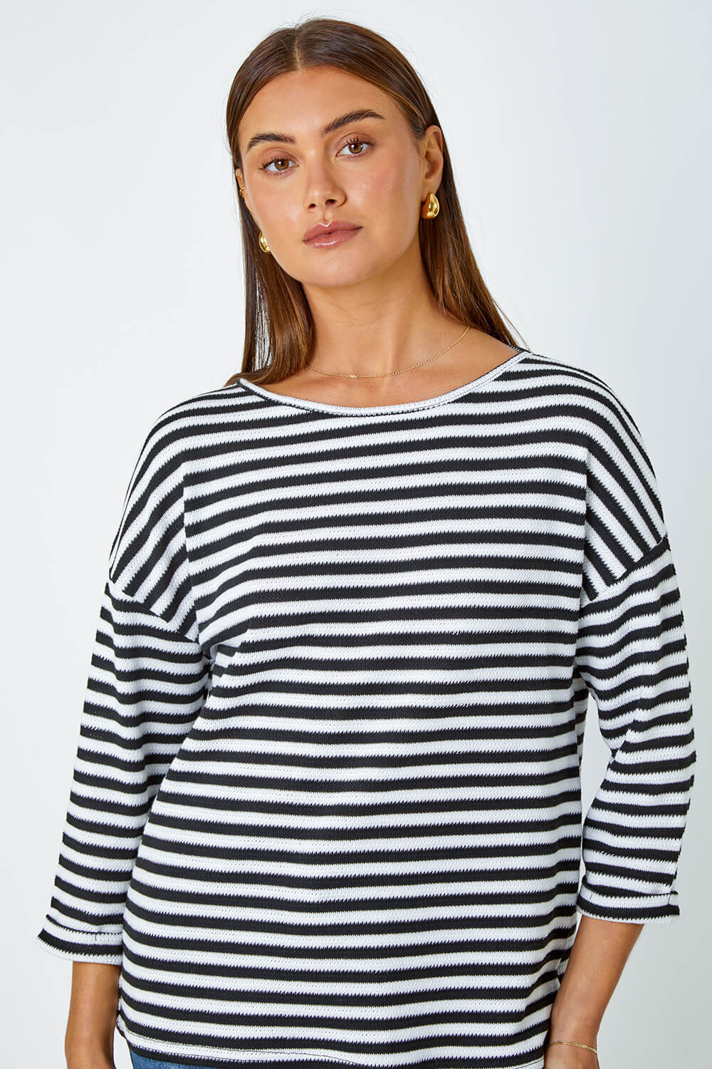 Black Stripe Print Stretch Knit Top | Roman UK