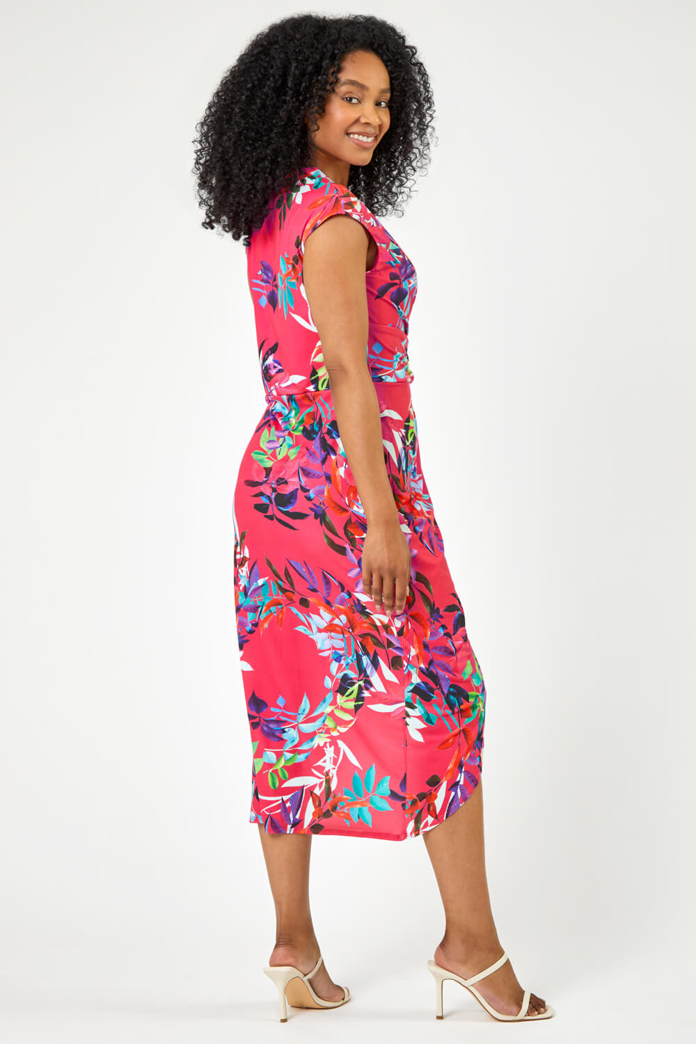 PINK Petite Tropical Print Ruched Wrap Dress, Image 2 of 5