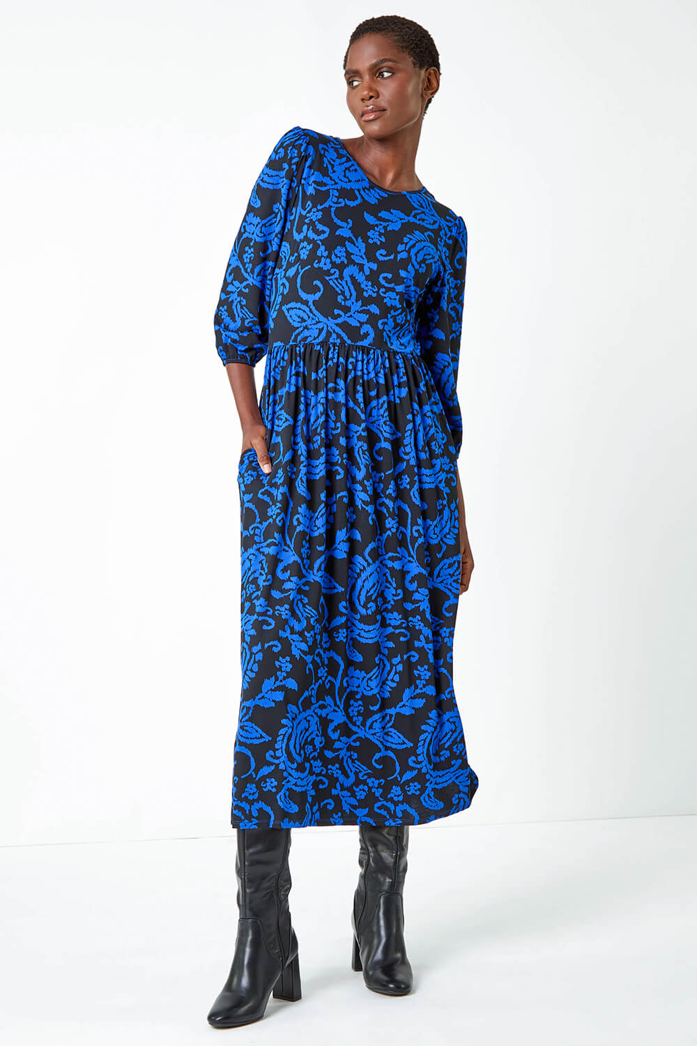 Blue Paisley Print Pocket Midi Stretch Dress, Image 2 of 5