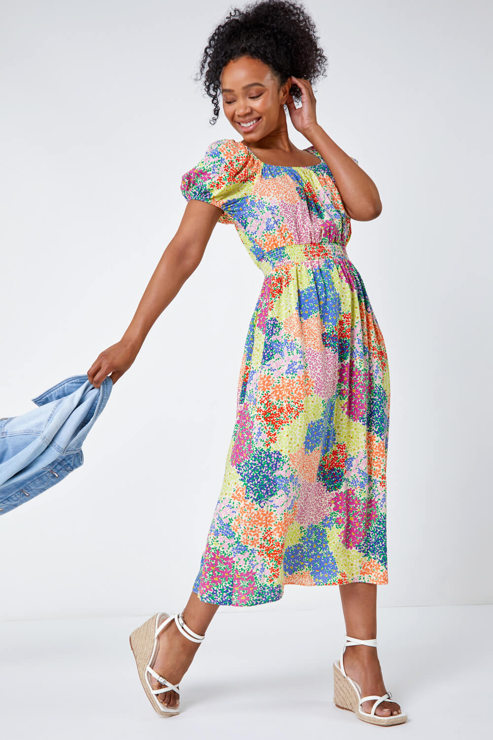 Multi Petite Ditsy Floral Shirred Midi Dress | Roman UK