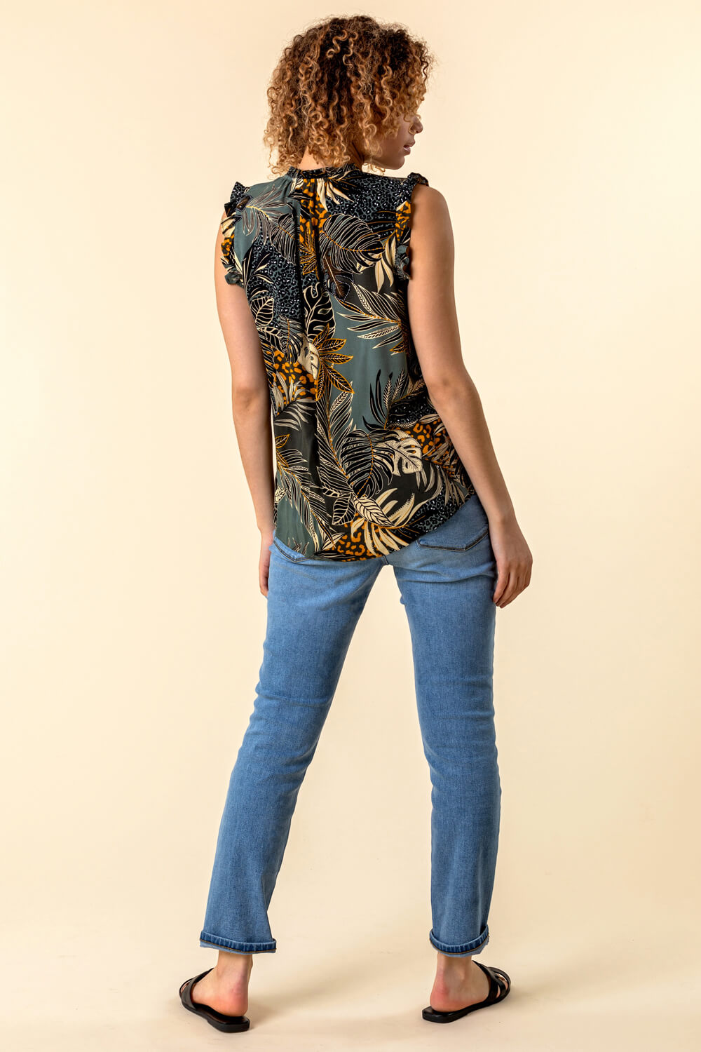 Green Frill Detail Tropical Print Top, Image 2 of 5