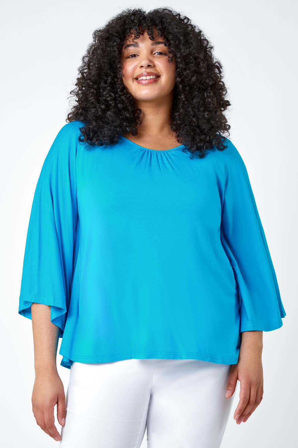 Turquoise Curve Stretch Jersey Cape Sleeve Top, Image 2 of 5