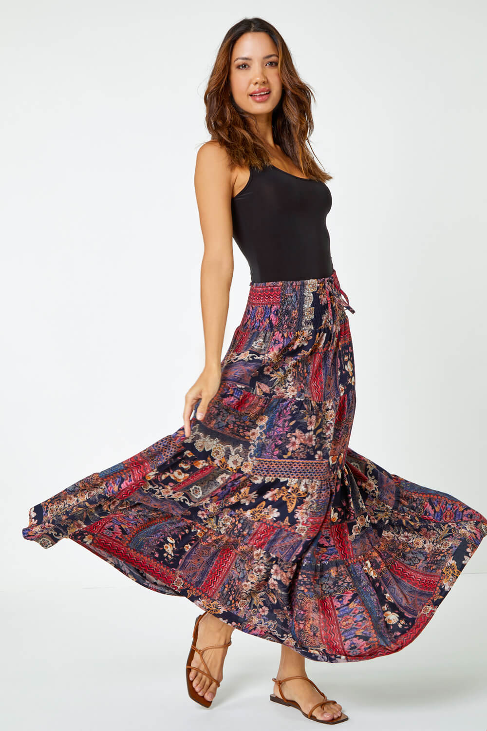 Red Boho Floral Shirred Waist Maxi Skirt, Image 2 of 5