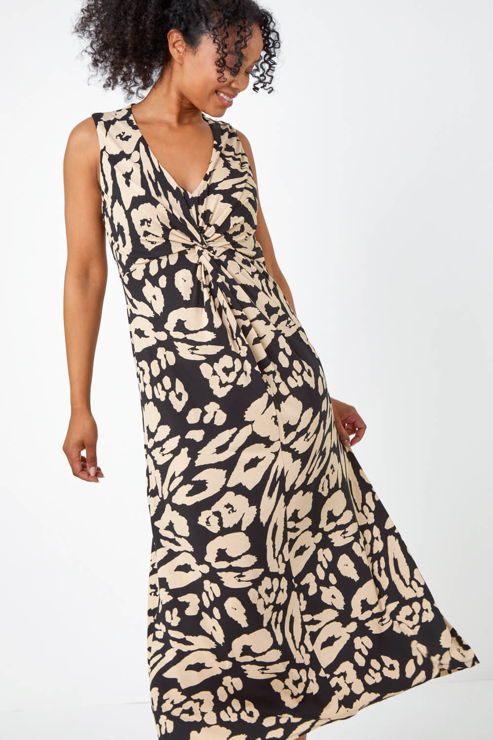 Black Petite Leopard Print Twist Jersey Maxi Dress, Image 2 of 5