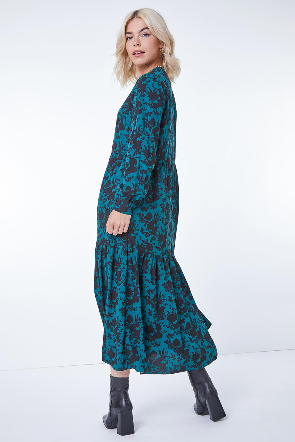Teal Floral Print Midi Shirt Dress | Roman UK