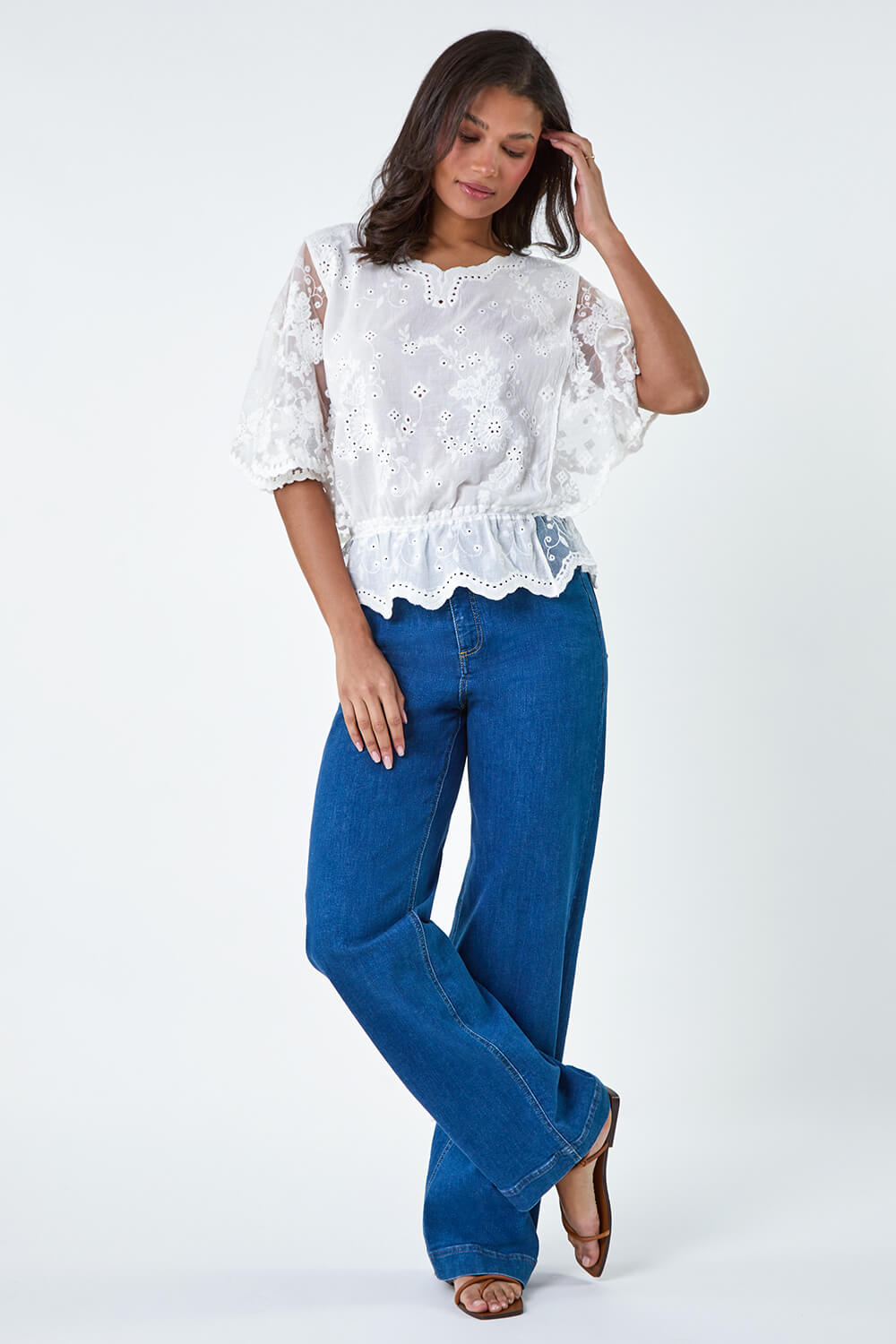 Ivory  Cotton Broderie Frill V-Neck Top, Image 2 of 5
