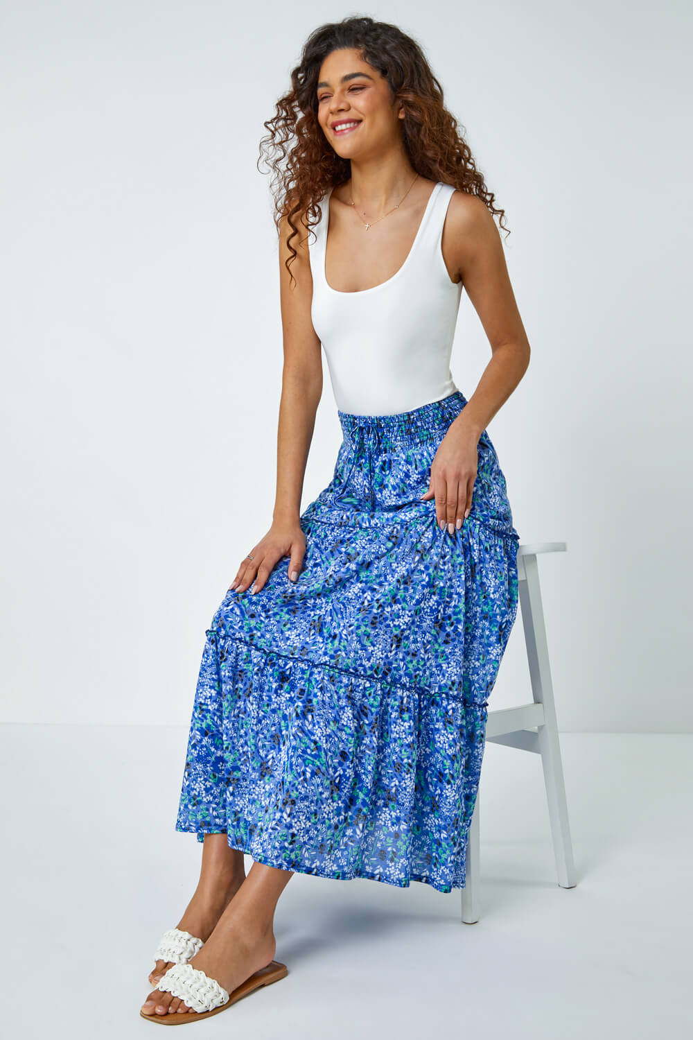Ditsy Floral Print Tiered Maxi Skirt