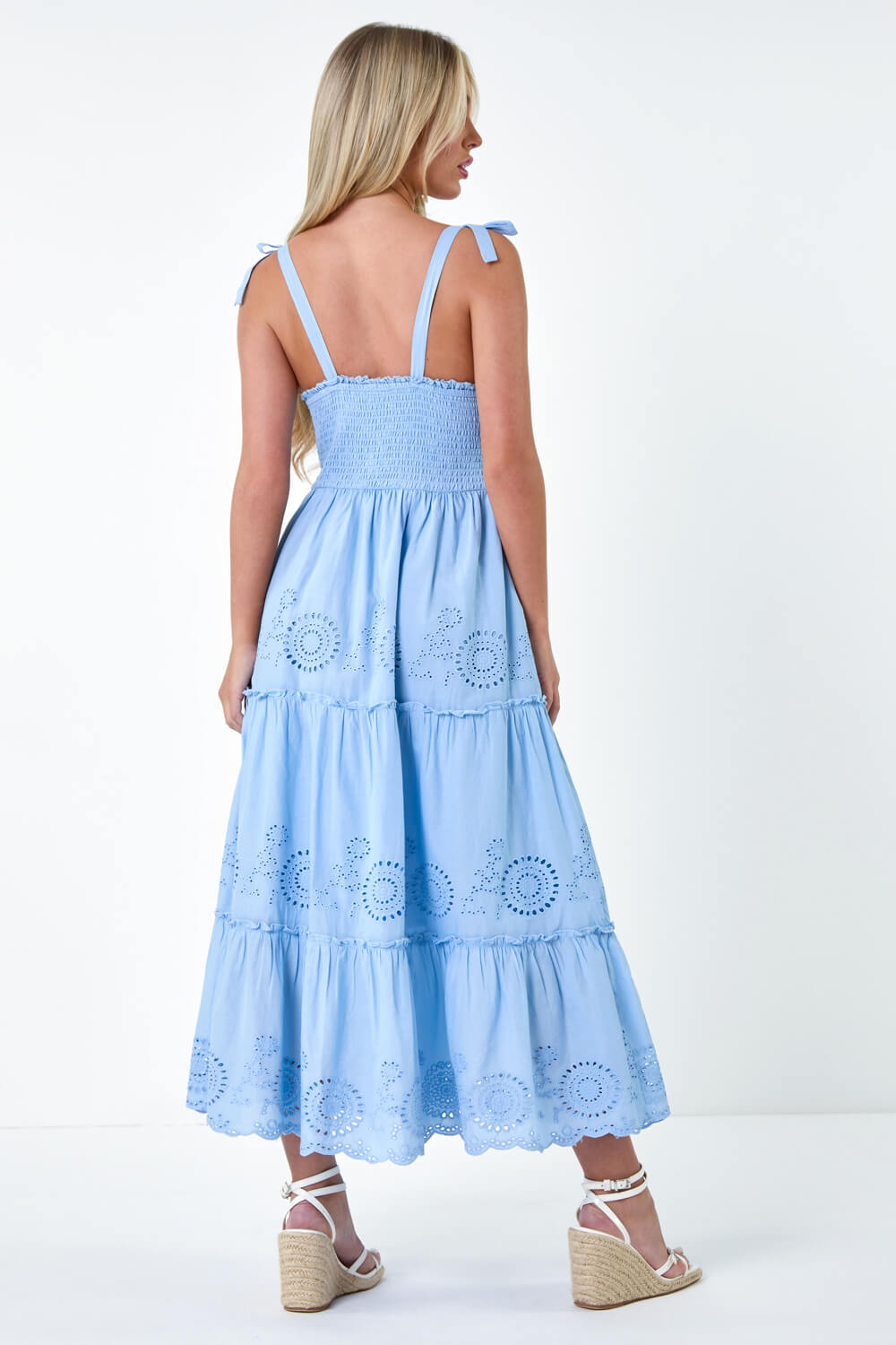 Light Blue  Petite Cotton Broderie Tiered Maxi Dress, Image 3 of 5